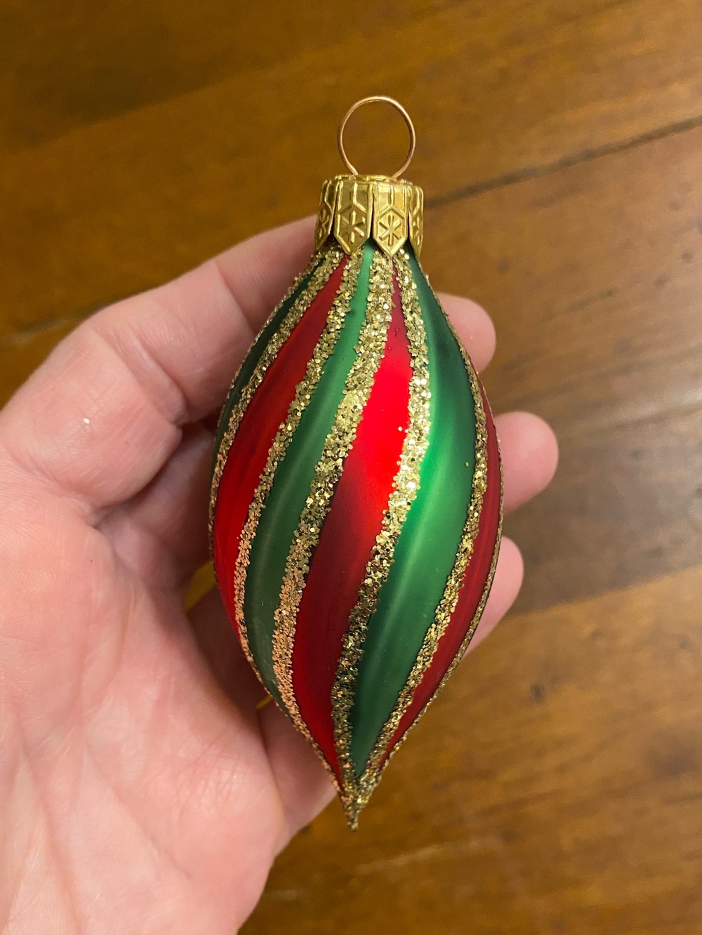 VTG Slovakia Glass Teardrop Christmas Ornament Striped Red Green Gold Glitter